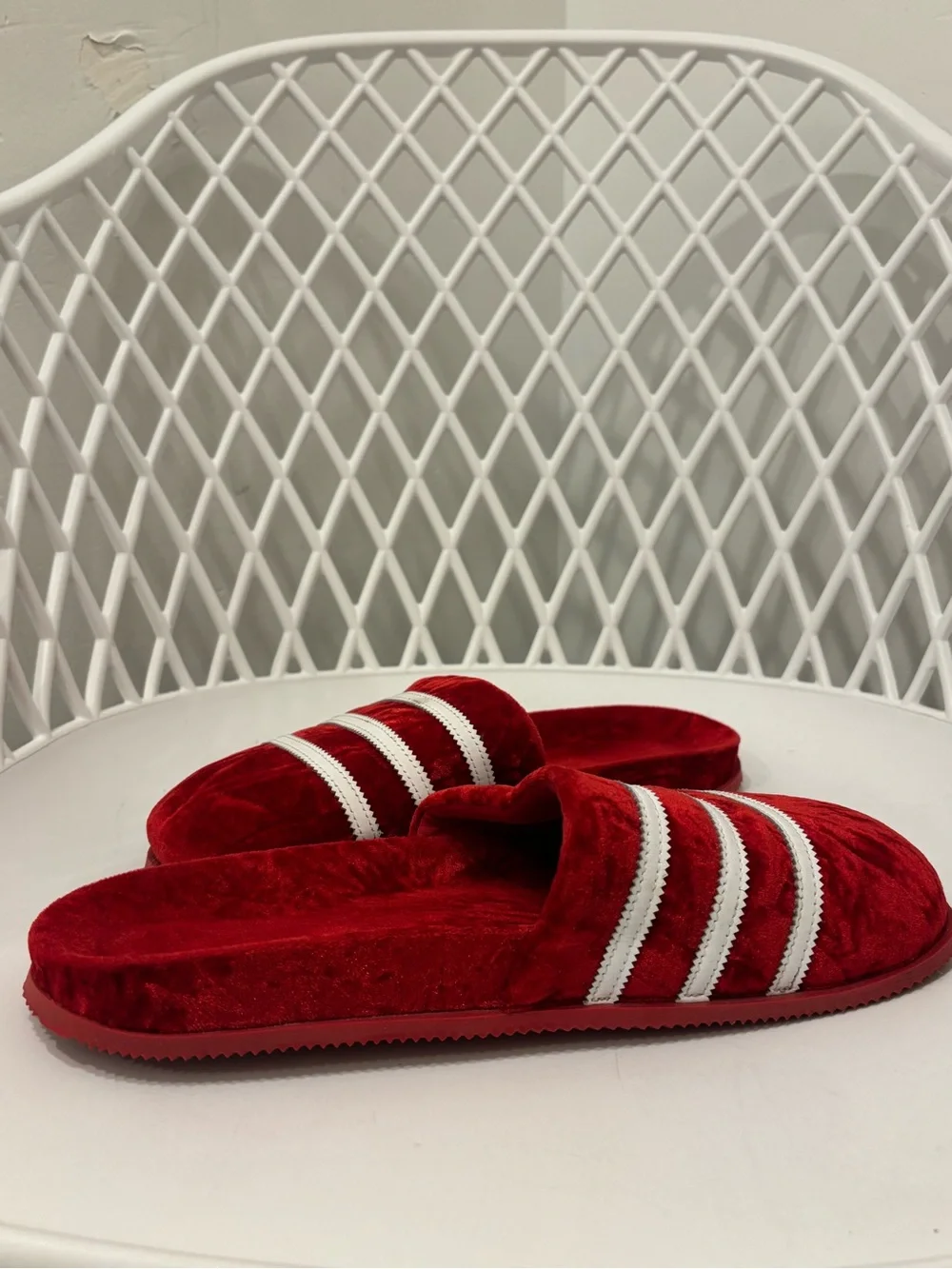 Adidas Mens's Red Plush Slide Slippers with White Stripes